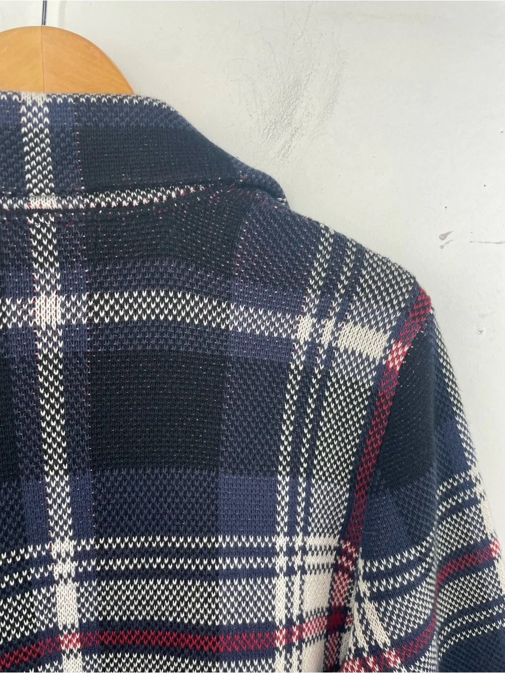 Chaps Plaid Open Front Cardigan Coat – Navy Burgundy & Cream size Large